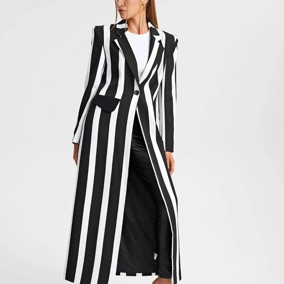 Black & White Boho Womens Striped Print Pocket Patched Longline Blazer - Picture 4 of 5